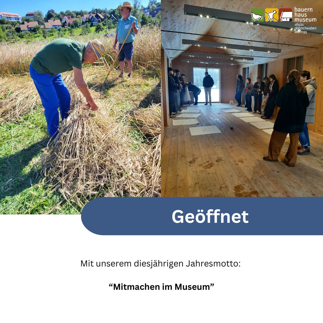 Dieser Alternativtext wurde KI-generiert: Eine Gruppe von Menschen steht in einem hellen Raum und betrachtet eine Person, die draußen mit Heu arbeitet. Das Bild ist farbig und zeigt einen Museumsbereich mit einem Banner mit der Aufschrift 'Geöffnet'.