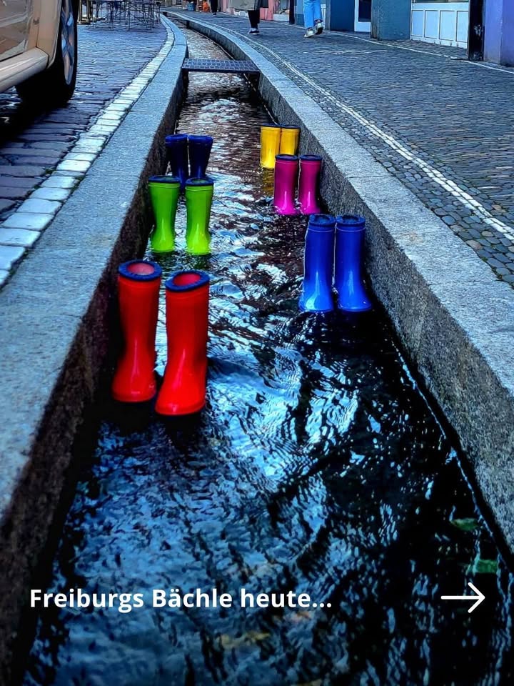 Dieser Alternativtext wurde KI-generiert: Ein Wasserkanal mit Kopfsteinpflasterbordsteinen. Im Wasser stehen farbige Gummistiefel.