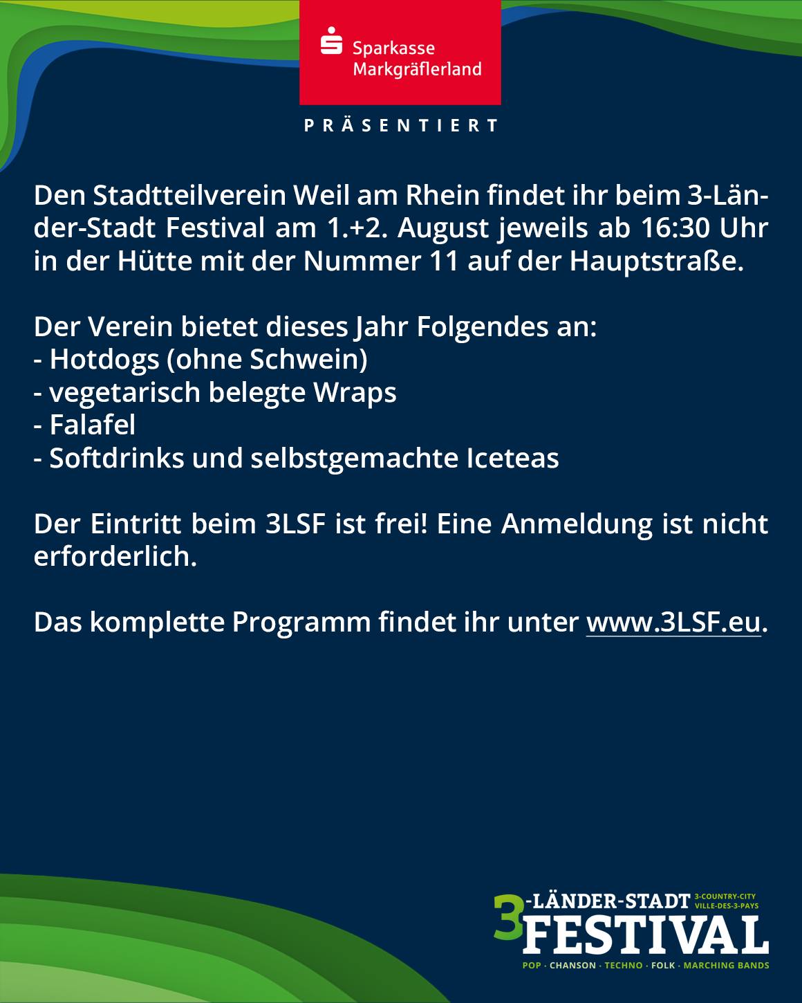 Dies ist ein Veranstaltungsplakat für ein Festival. Es enthält Informationen über Speisen, Getränke und den Veranstaltungsort.