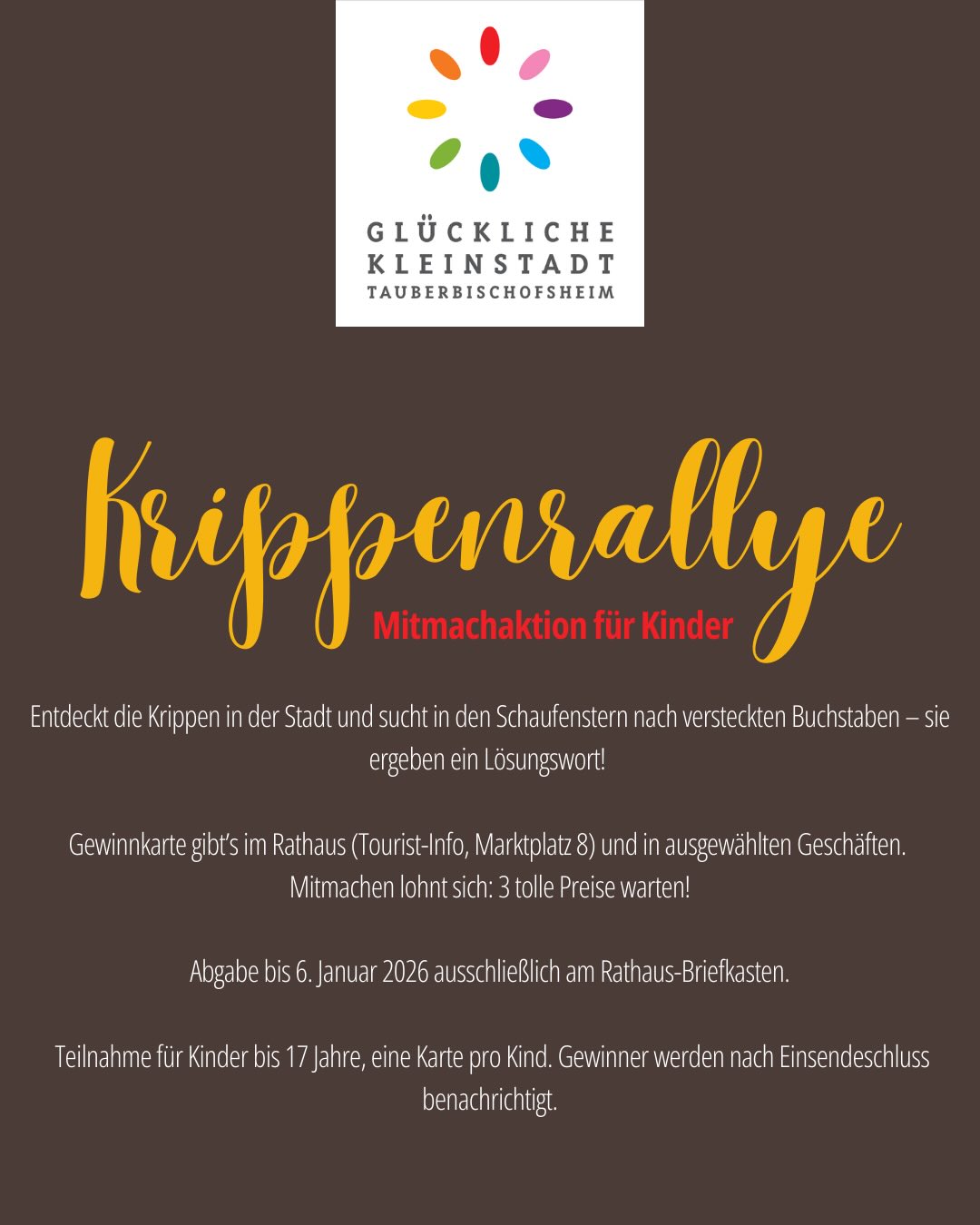 Dieser Alternativtext wurde KI-generiert: Ein farbiges Plakat kündigt eine Krippenrallye für Kinder an. Es enthält Informationen zur Teilnahme, Abgabe und zu den Preisen.