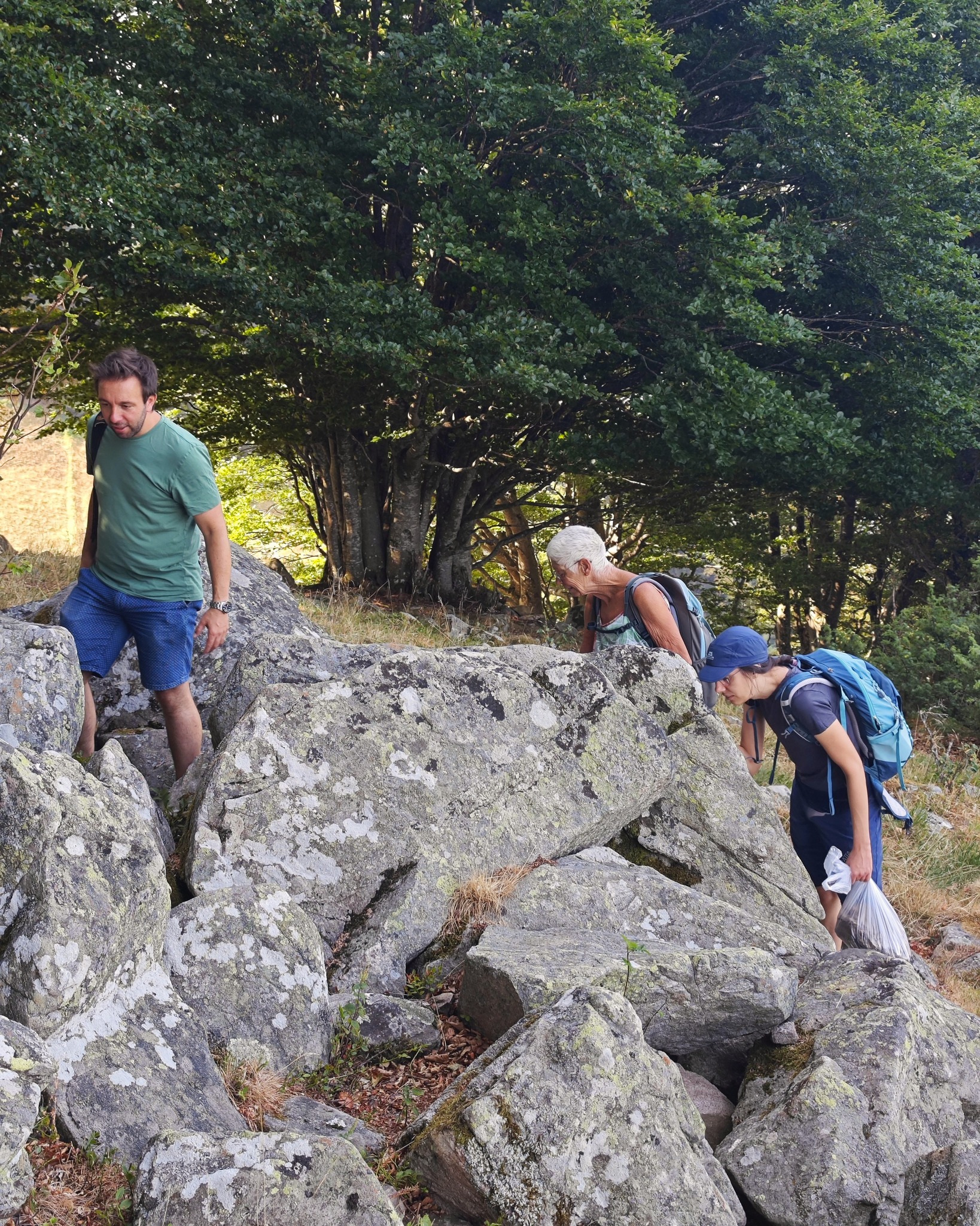 Drei Personen wandern durch ein felsiges Gelände mit großen, flechtenbewachsenen Steinen. Eine Person links im grünen T-Shirt und blauen Shorts blickt zu den anderen beiden, die mit Rucksäcken vorsichtig über die Felsen steigen. Die Person ganz rechts trägt eine Kopfbedeckung und hält einen weißen Plastiksack in der Hand. (KI-Alternativtext)