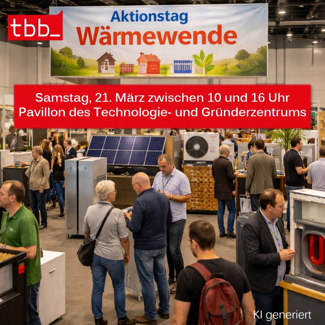 Dieser Alternativtext wurde KI-generiert: Ein farbiges Banner kündigt einen Aktionstag zum Thema Wärmewende an. Im Hintergrund sind Geräte zu sehen, die mit erneuerbaren Energien in Verbindung stehen, sowie eine Gruppe von Menschen.