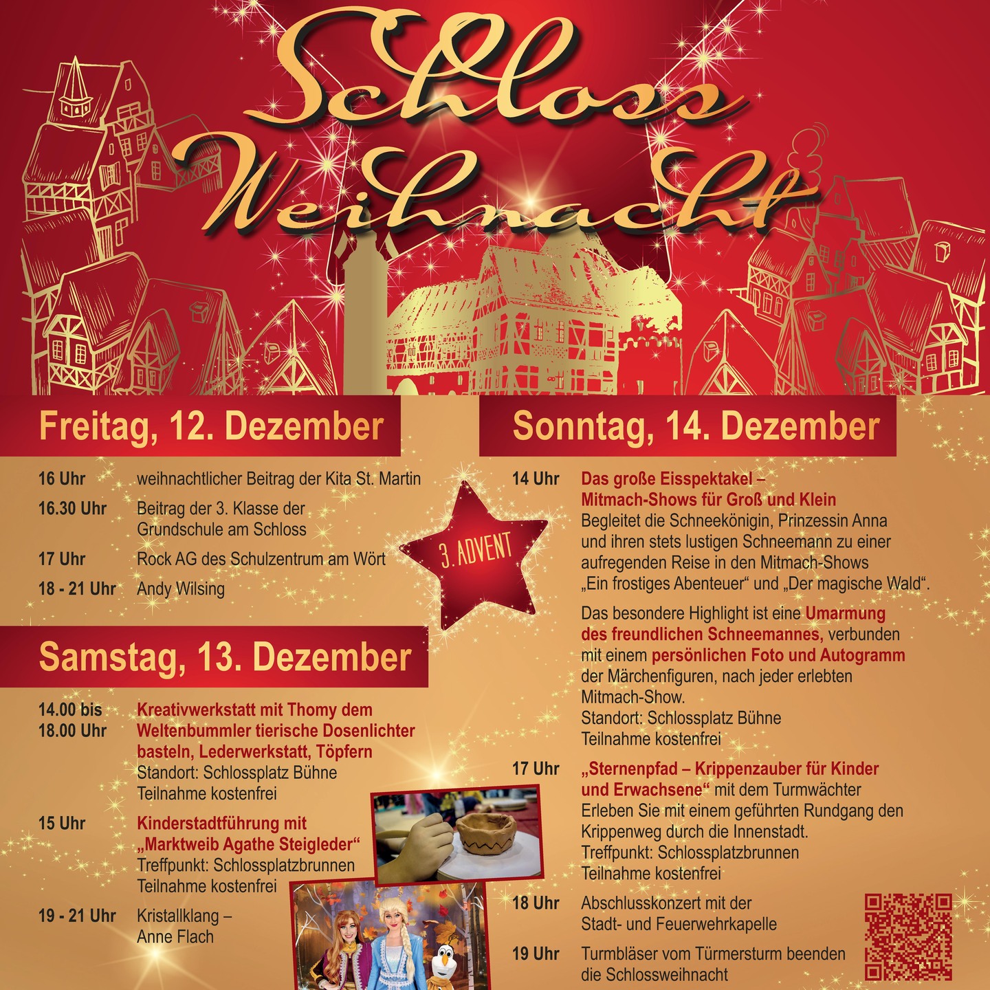 Dieser Alternativtext wurde KI-generiert: Ein farbenfrohes Werbeplakat für eine Weihnachtsveranstaltung mit Programminformationen zu verschiedenen Beiträgen und Zeiten. Das Plakat zeigt stilisierte Gebäude und winterliche Motive.