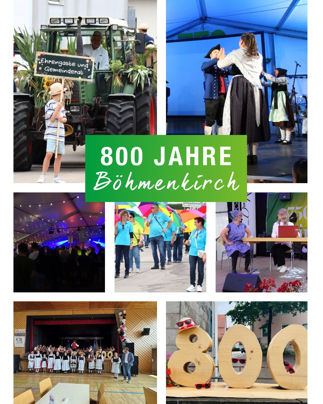 Dieser Alternativtext wurde KI-generiert: Eine farbenfrohe Collage zeigt verschiedene Szenen einer Feier im Freien und in Innenräumen. Im Vordergrund ist eine Bühne mit Menschen zu sehen, im Hintergrund ein Traktor und eine Jubiläumszahl.