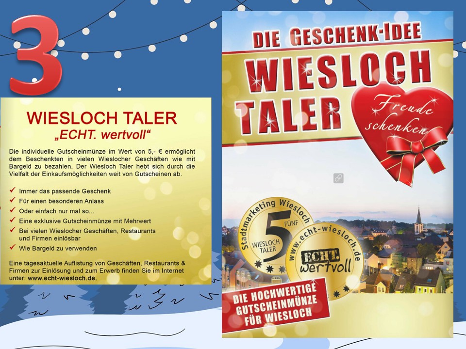 Dieser Alternativtext wurde KI-generiert: Werbematerial für einen Gutschein, der in vielen Geschäften in einer Stadt verwendet werden kann. Das Bild zeigt einen Gutschein und verschiedene Geschäfte im Hintergrund.