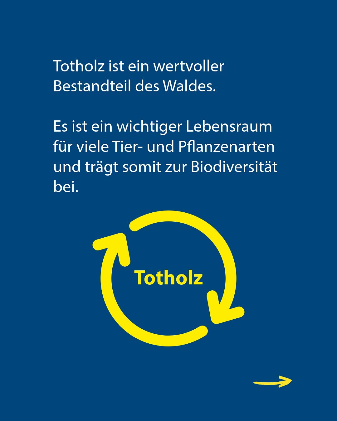 Dieser Alternativtext wurde KI-generiert: Ein dunkelblauer Hintergrund mit weißem Text und einem gelben Pfeil im Kreis. Der Text betont die Bedeutung von Totholz für den Wald und die Artenvielfalt.
