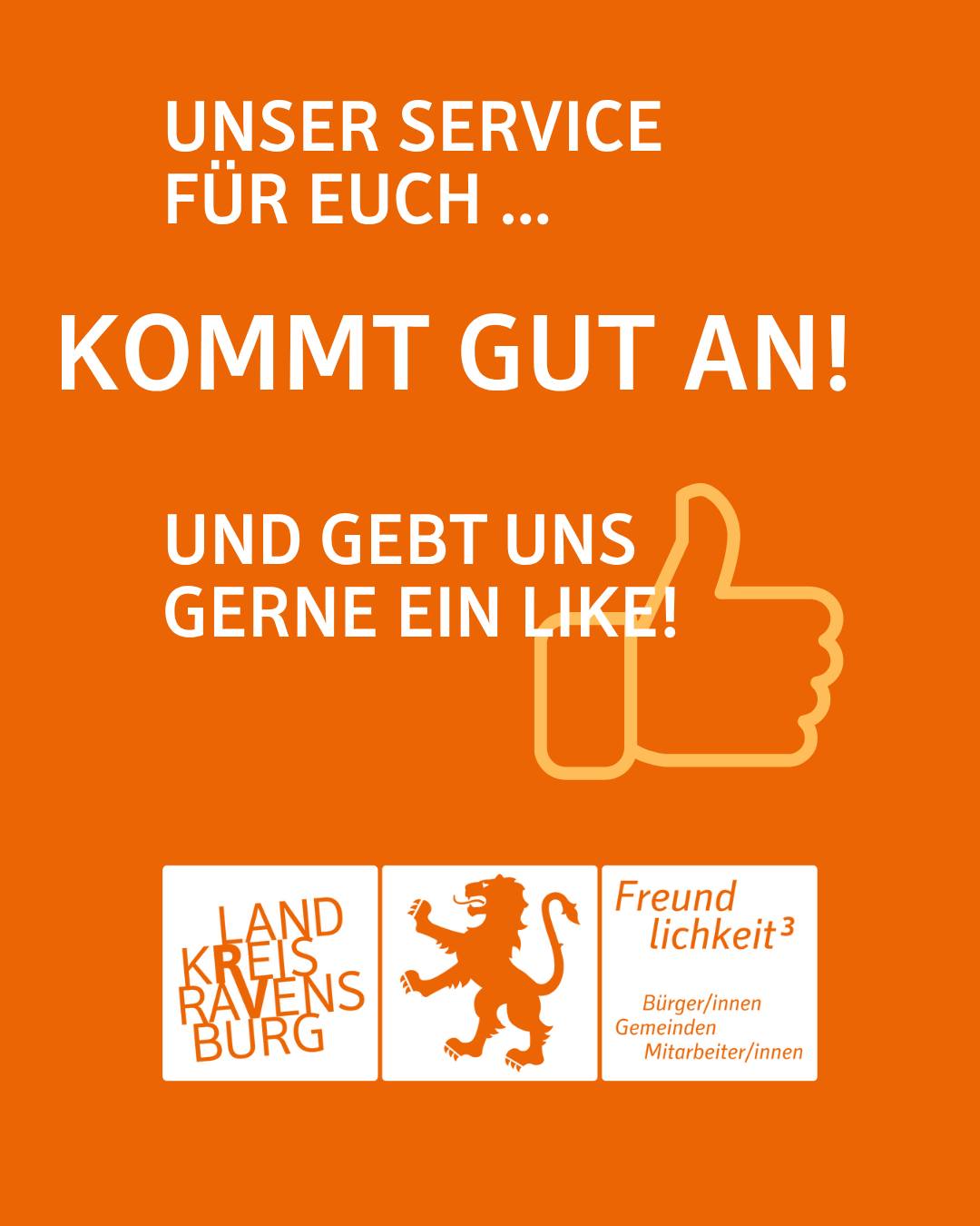 Dieser Alternativtext wurde KI-generiert: Ein orangefarbenes Bild mit weißem Text und einem Daumen hoch Symbol. Unten befinden sich mehrere Logos und Wappen.