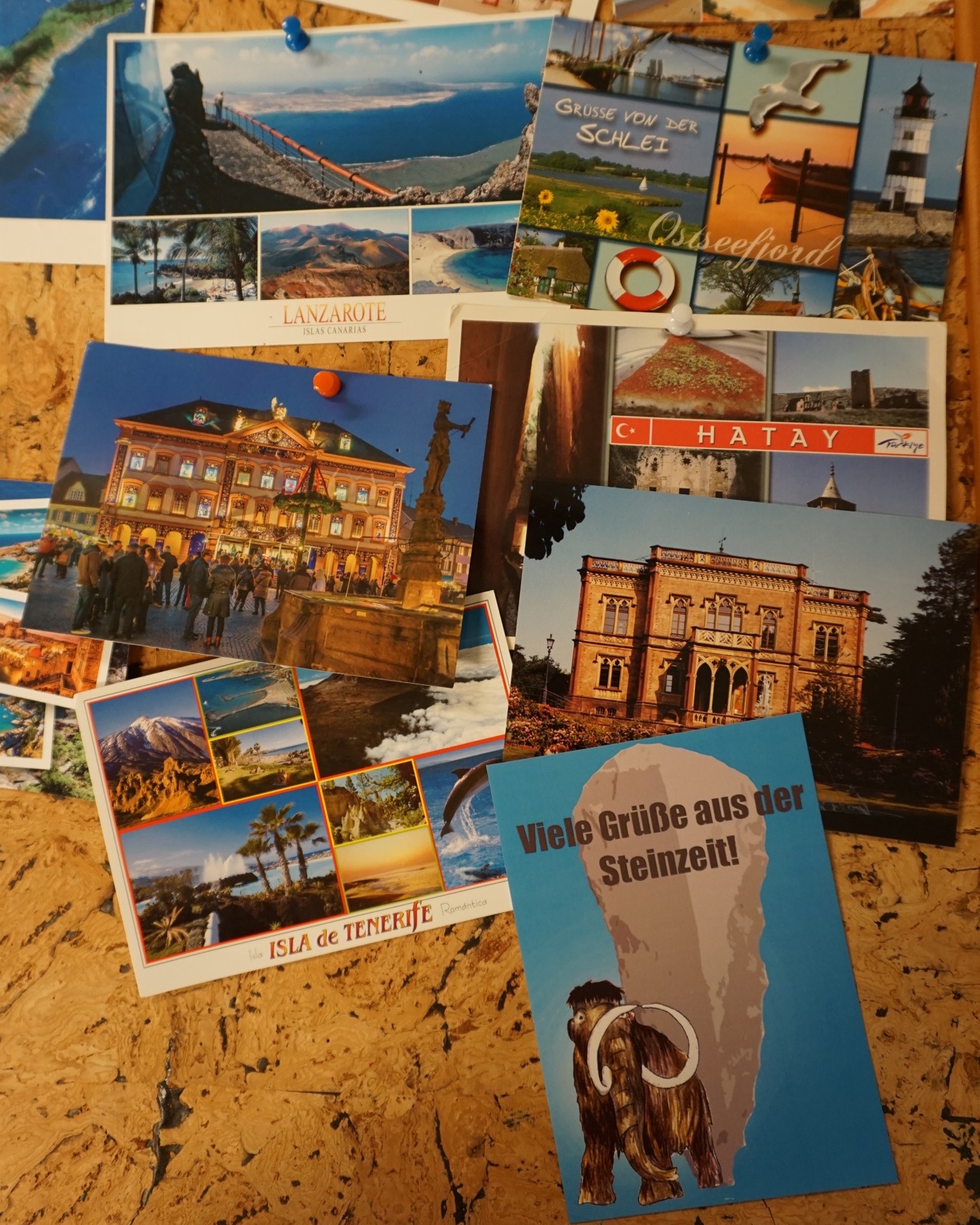 Mehrere Postkarten mit Landschafts- und Stadtbildern sind an einer Korktafel befestigt. Sichtbare Ortsnamen sind Lanzarote, Schlei, Hatay und Teneriffa. Im Vordergrund liegt eine blaue Karte mit der Aufschrift "Viele Grüße aus der Steinzeit!" und einer Illustration eines Mammuts. (KI-Alternativtext)
