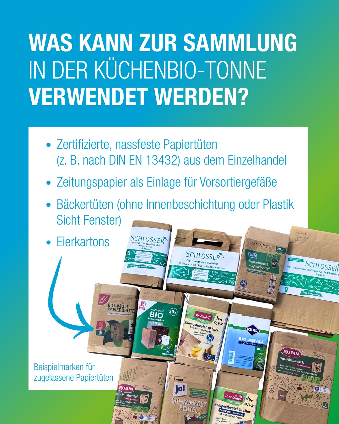 Infografik mit der Überschrift „Was kann zur Sammlung in der Küchenbio-Tonne verwendet werden?“. Eine Liste nennt zertifizierte Papiertüten, Zeitungspapier, Bäckertüten ohne Beschichtung und Eierkartons als geeignet. Ein Haufen verschiedener Papiertüten und Kartons wird durch einen blauen Pfeil als „Beispielmarken für zugelassene Papiertüten“ gekennzeichnet. (KI-Alternativtext)
