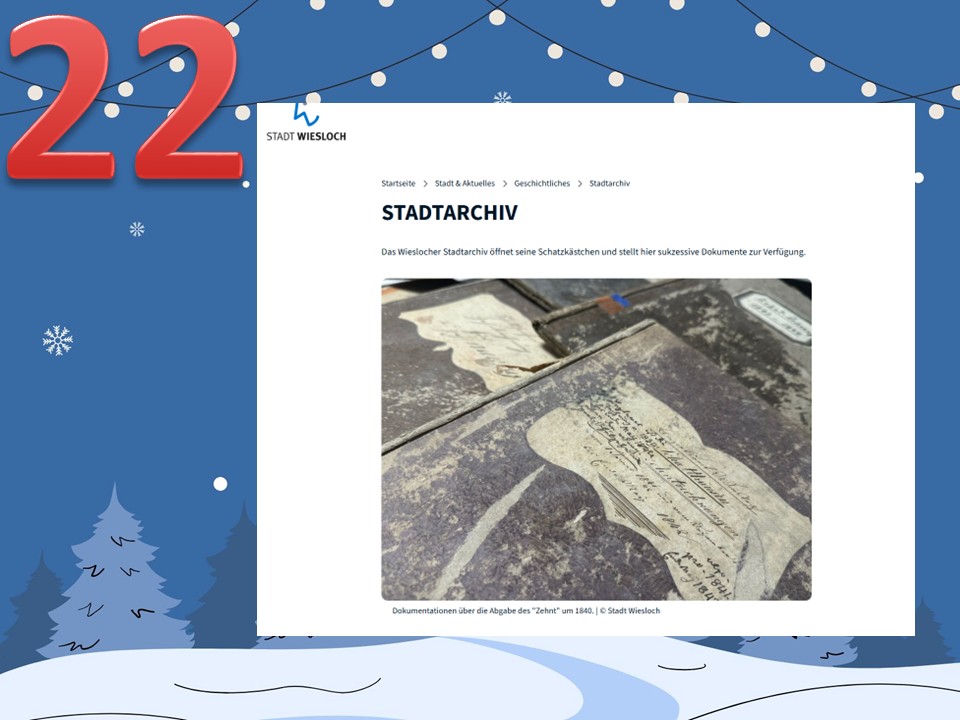 Dieser Alternativtext wurde KI-generiert: Ein Screenshot einer Webseite mit blauem Hintergrund und Schneeflocken. Auf der Seite ist ein altes, vergilbtes Dokument abgebildet.
