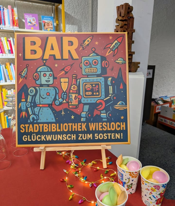 Dieser Alternativtext wurde KI-generiert: Ein farbenfrohes Schild mit Robotern und Raketen steht vor einem Bücherregal. Unter dem Schild befindet sich ein Tisch mit Dekoration und Süßigkeiten.