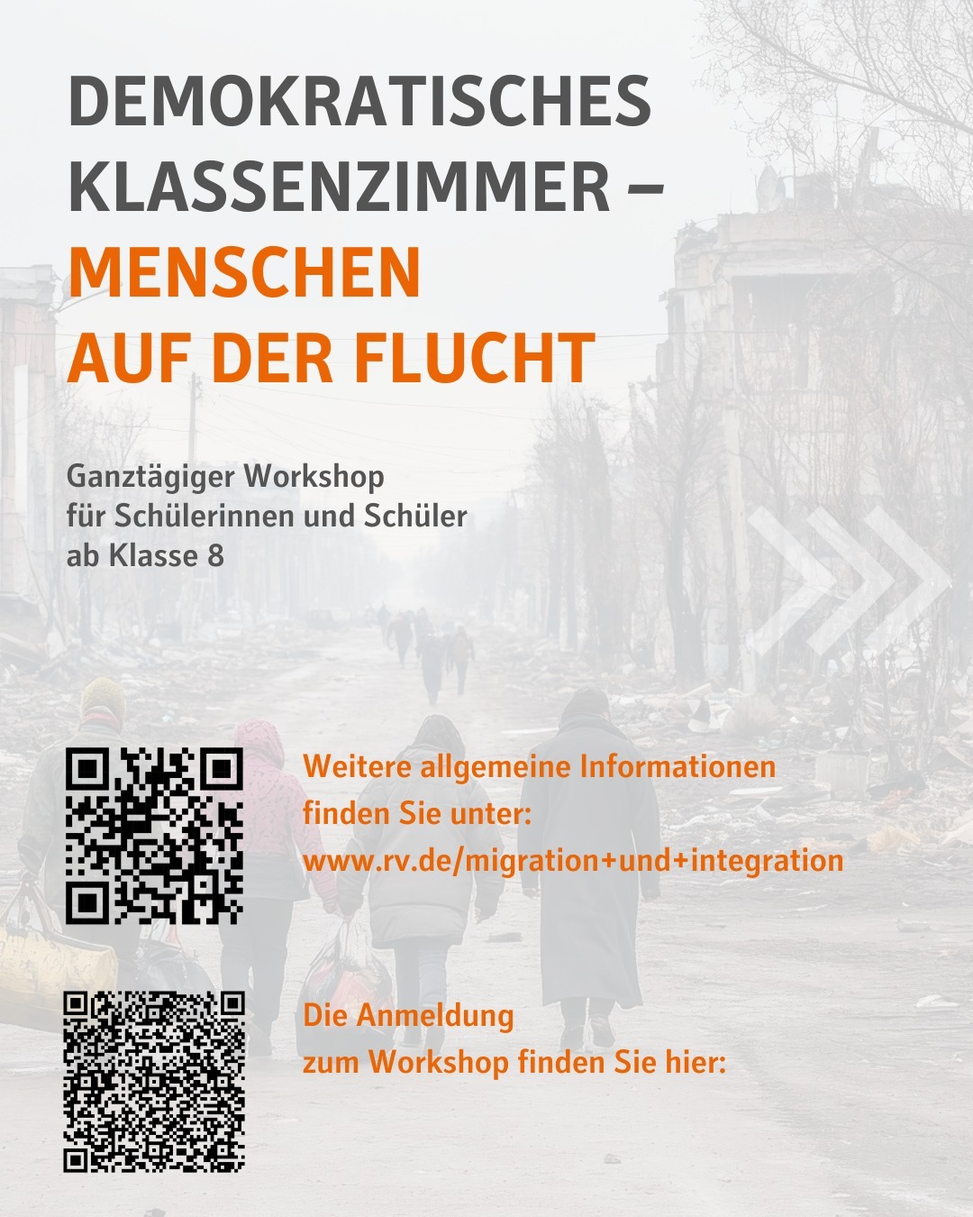 Textanzeige für einen Workshop mit einem Bild von geflüchteten Menschen im Hintergrund. Es enthält auch QR-Codes und eine Website für weitere Informationen.