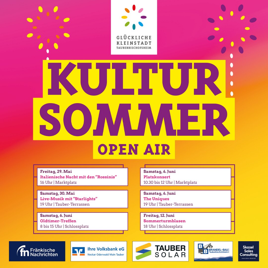 Plakat für „Kultursommer Open Air“ in Tauberbischofsheim mit Terminen wie Italienische Nacht, Live-Musik und Platzkonzert sowie Logos von Sponsoren am unteren Rand. (KI-Alternativtext)