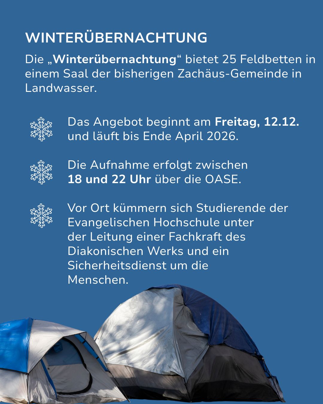 Dieser Alternativtext wurde KI-generiert: Schwarz-weißes Foto von beschneiten Ästen. Der Text kündigt ein temporäres Winterübernachtungsangebot an, das von einer Organisation betreut wird.