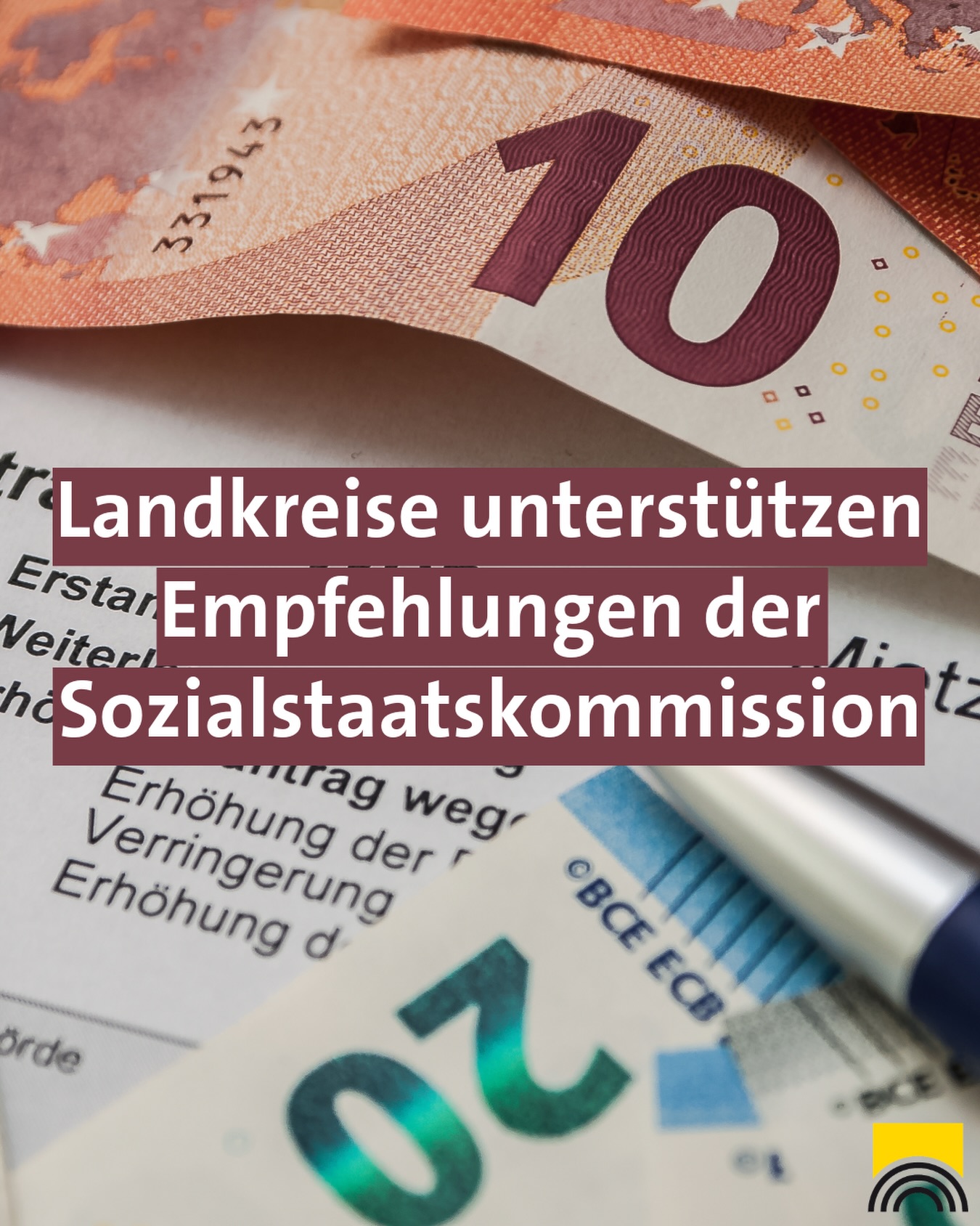 Dieser Alternativtext wurde KI-generiert: Bild zeigt einen Geldschein mit der Zahl 10 und einem weiteren Schein mit einer 2. Text auf dem Bild bezieht sich auf soziale Unterstützungsempfehlungen.