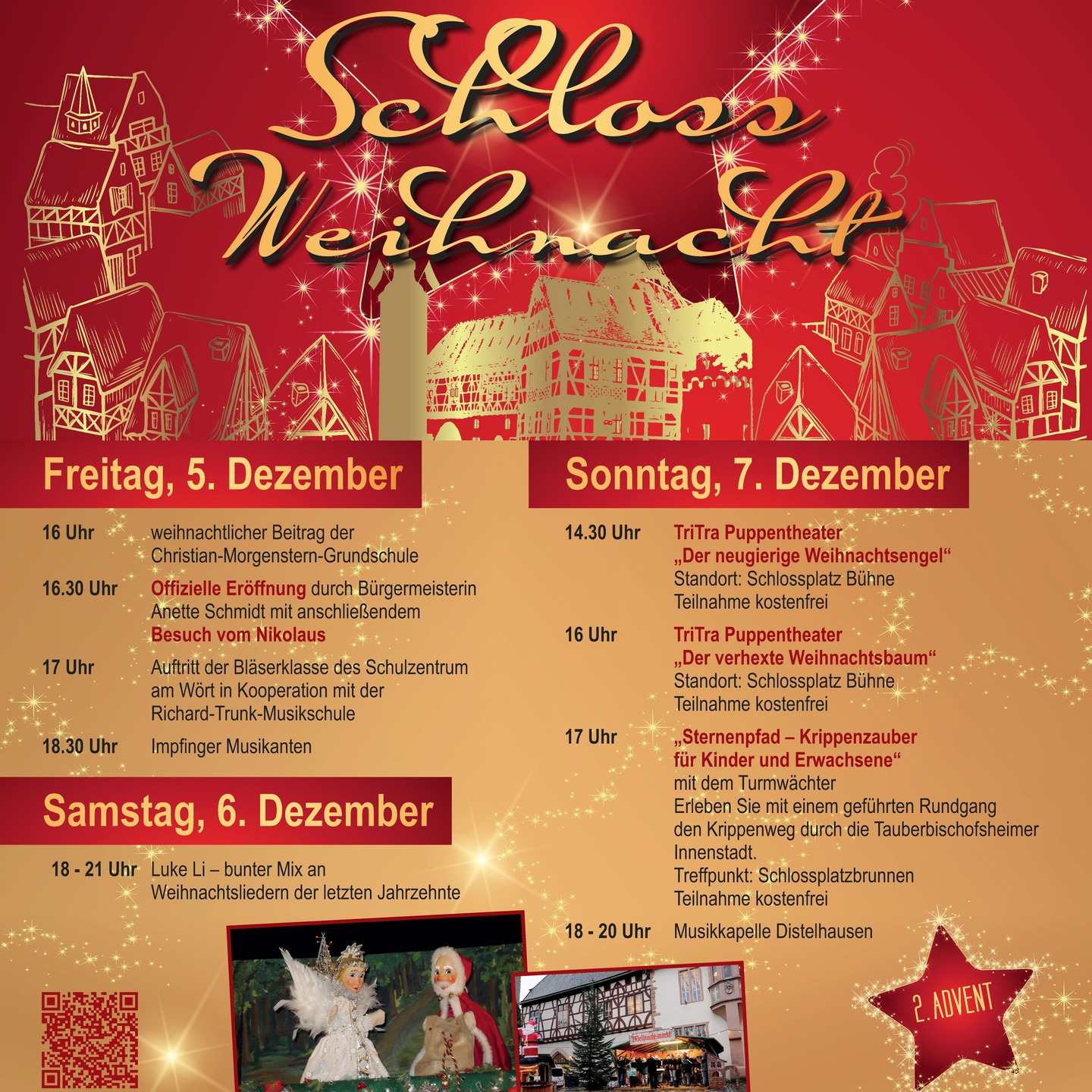 Dieser Alternativtext wurde KI-generiert: Ein farbenfrohes Plakat kündigt verschiedene Veranstaltungen an, darunter musikalische Darbietungen und Theateraufführungen. Es zeigt eine städtische Szene mit Gebäuden und einer beleuchteten Weihnachtsdekoration.