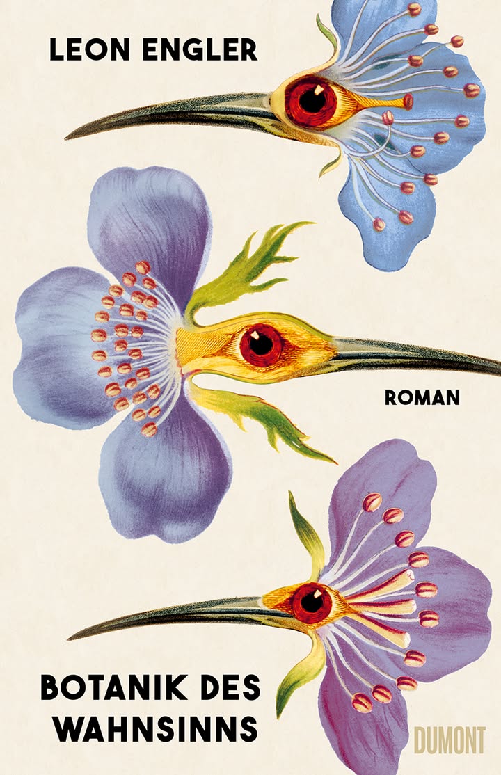 Dieser Alternativtext wurde KI-generiert: Ein Buchcover mit floralen Illustrationen, bei denen Blüten in Vogelköpfe übergehen. Das Design ist farbig und enthält Text in mehreren Schriftgrößen.