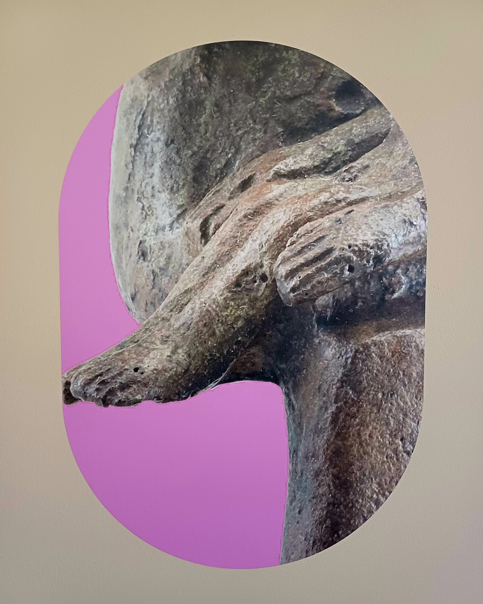 Eine Nahaufnahme einer verwitterten, grau-braunen Steinskulptur, die eine Hand oder einen Arm zeigt. Die Skulptur ist vor einem pinken Hintergrund in einer ovalen Form auf einer hellbeigen Wand angebracht. (KI-Alternativtext)