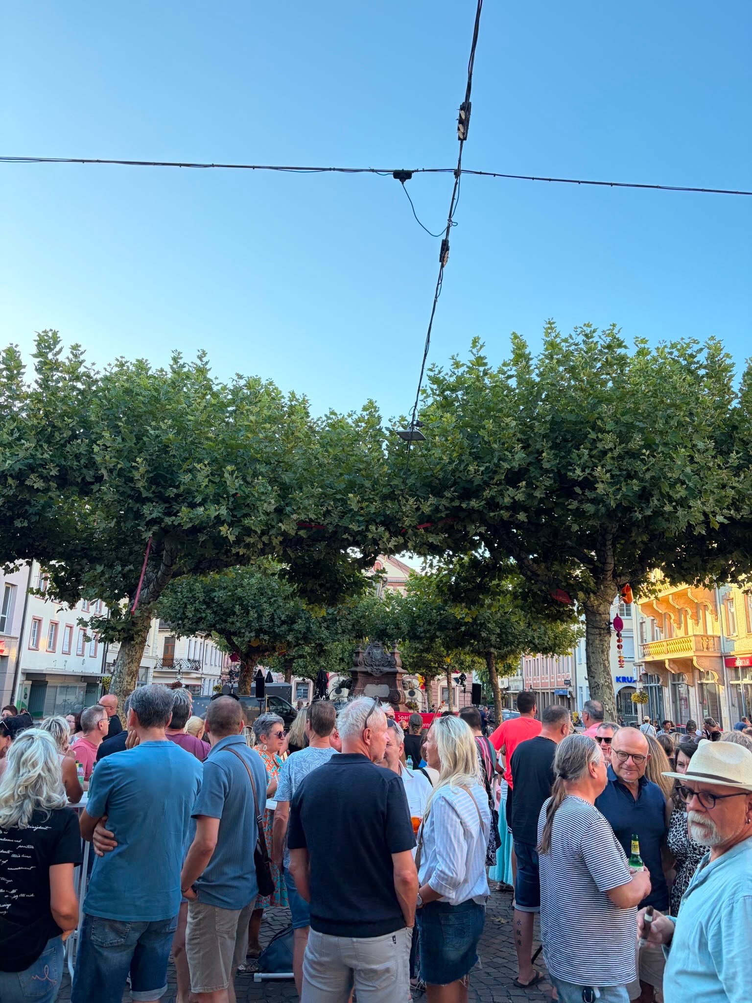 Eine große Menschenmenge versammelt sich auf einer gepflasterten Straße, die von großen Bäumen gesäumt ist. Im Vordergrund stehen Personen in Freizeitkleidung, einige halten Getränkeflaschen. Im Hintergrund sind Gebäude und ein klarer blauer Himmel mit überkopf verlaufenden Kabeln zu erkennen. (KI-Alternativtext)