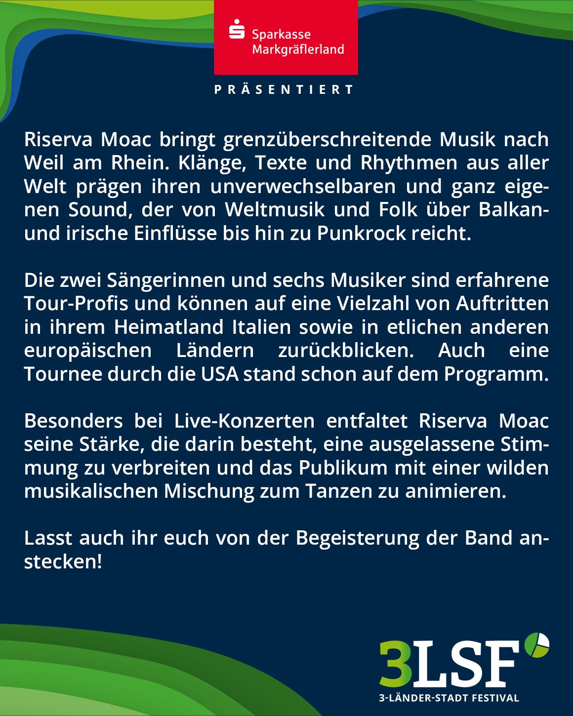 Dieser Alternativtext wurde KI-generiert: Ein Werbeplakat mit Text in Weiß auf farbigem Hintergrund. Der Text bewirbt eine Musikgruppe und ein Festival.