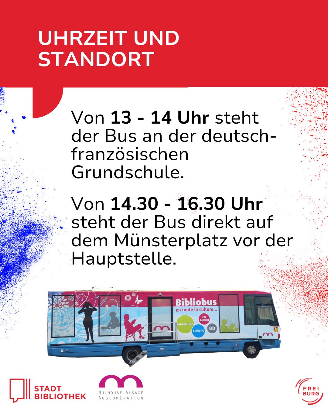 Dieser Alternativtext wurde KI-generiert: Ein farbiges Plakat informiert über die Haltestellen und Zeiten eines Busses. Unten ist ein Bild des Busses selbst mit farbenfroher Gestaltung zu sehen.