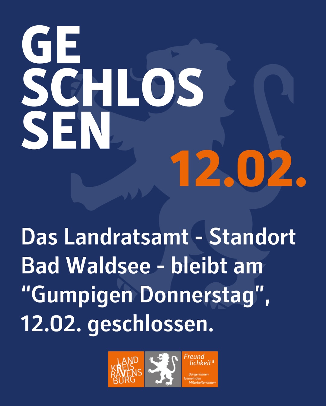 Dieser Alternativtext wurde KI-generiert: Ein dunkler Hintergrund mit großem, hellem Text und einem stilisierten Bild eines Vogels. Der Text informiert über eine Schließung am 12. Februar.