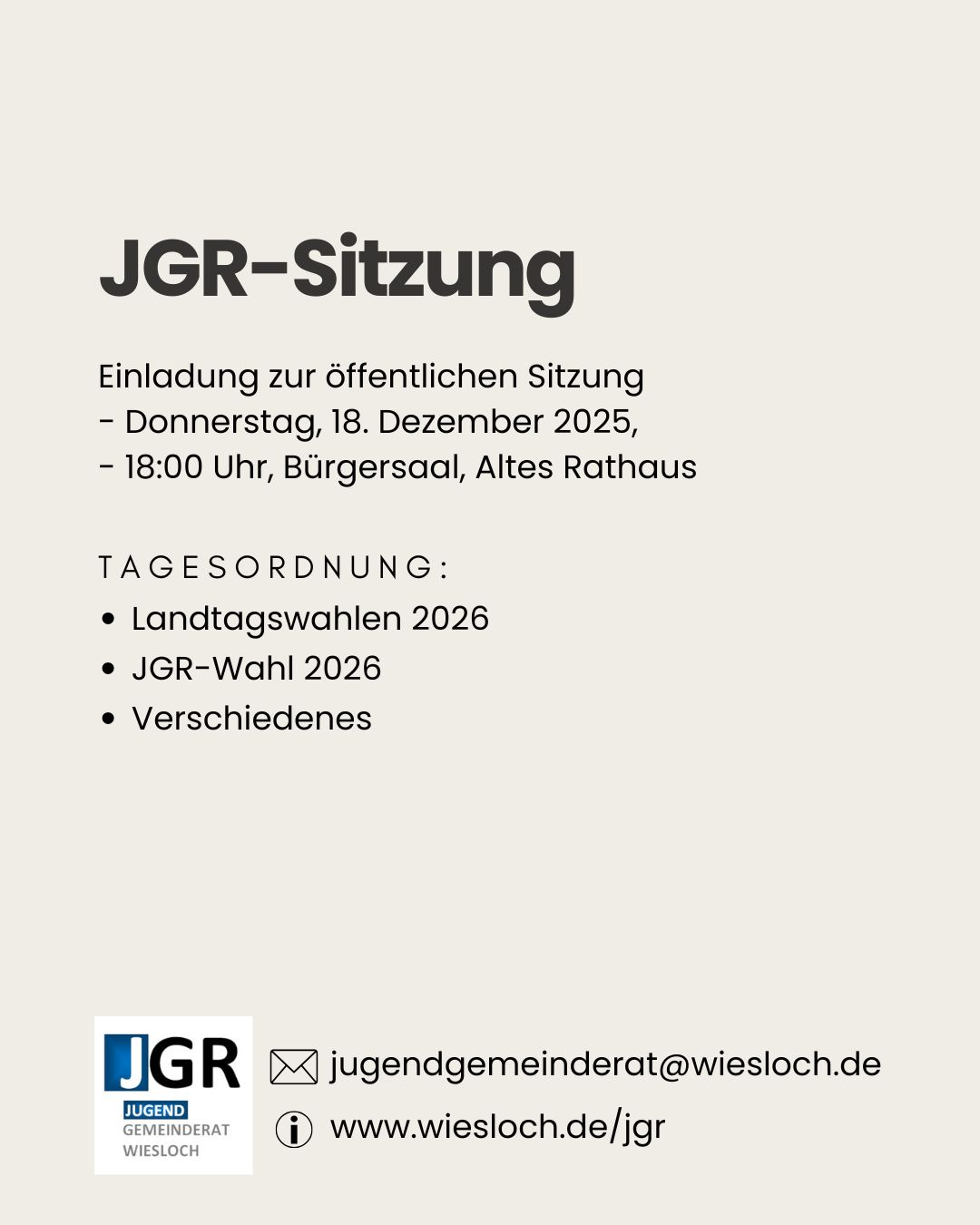Dieser Alternativtext wurde KI-generiert: Einladung zu einer öffentlichen Sitzung mit Tagesordnung. Es sind Datum, Uhrzeit und Ort der Sitzung sowie Kontaktinformationen angegeben.