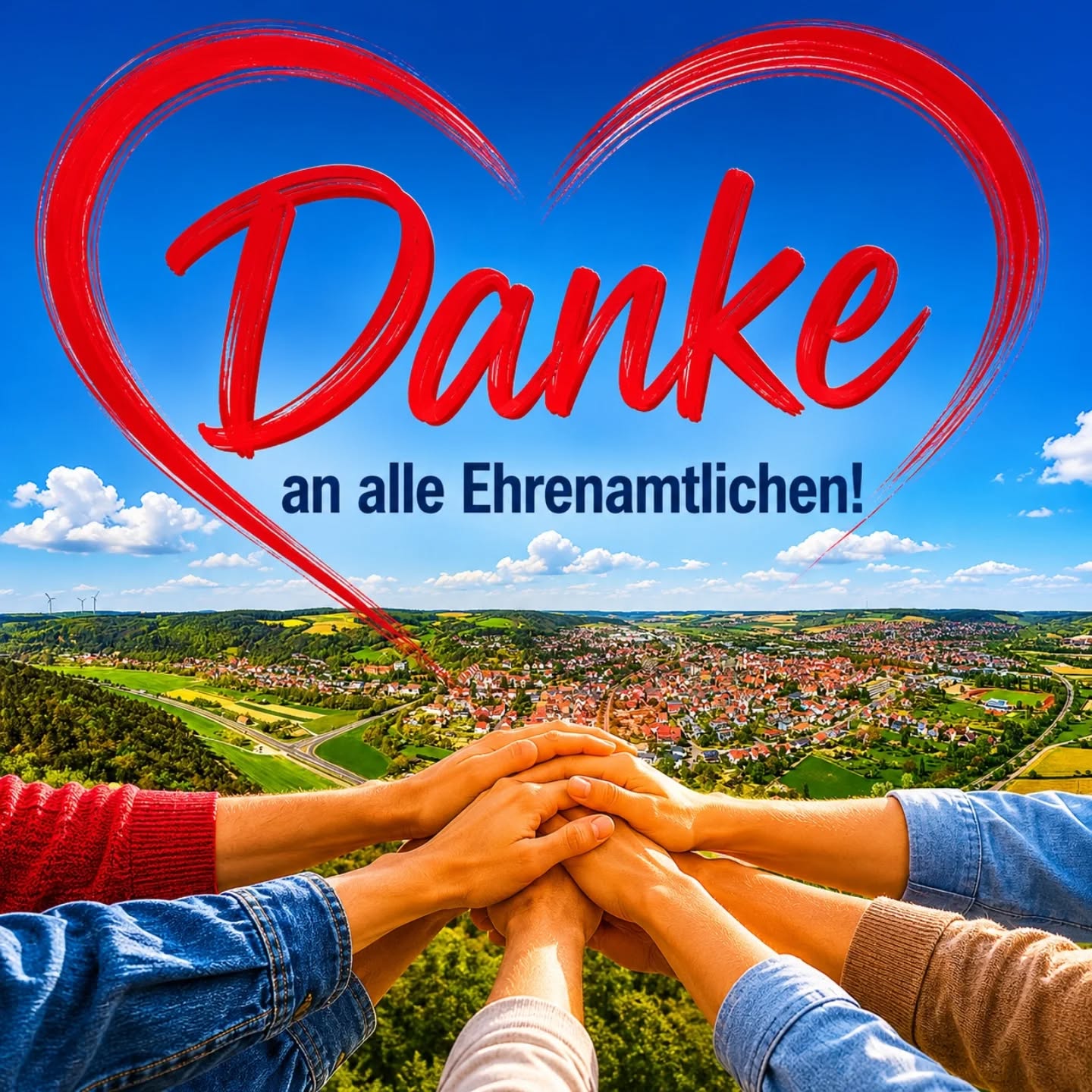 Mehrere Hände liegen übereinander vor einer Landschaft mit Stadt und blauem Himmel. Ein rotes Herz umschließt den Schriftzug „Danke an alle Ehrenamtlichen!“. (KI-Alternativtext)