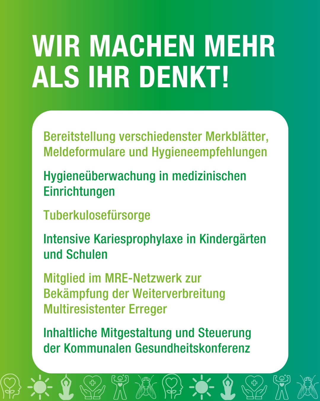 Dieser Alternativtext wurde KI-generiert: Ein grüner Hintergrund mit weißem Text und bunten Icons am unteren Rand. Der Text listet verschiedene Gesundheitsdienstleistungen und -initiativen auf.