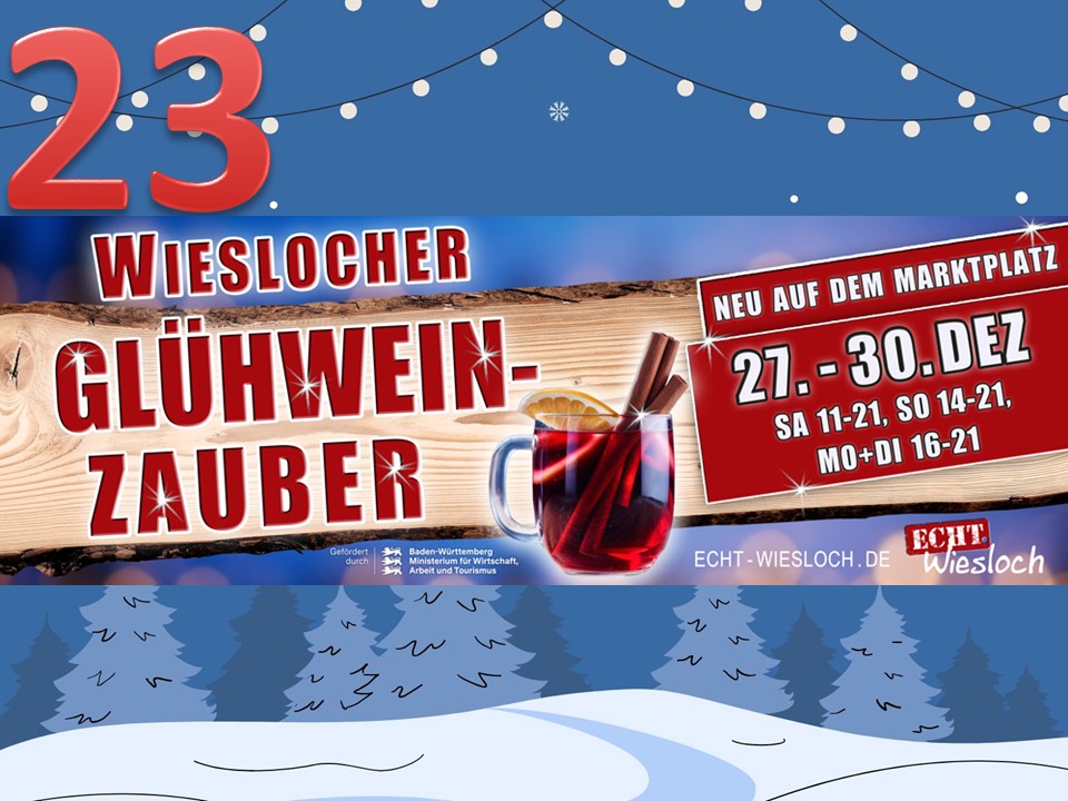 Dieser Alternativtext wurde KI-generiert: Ein farbenfrohes Werbebanner kündigt eine Veranstaltung mit dem Titel "Glühweinzauber" an. Im Hintergrund sind verschneite Berge und Tannenbäume zu sehen.