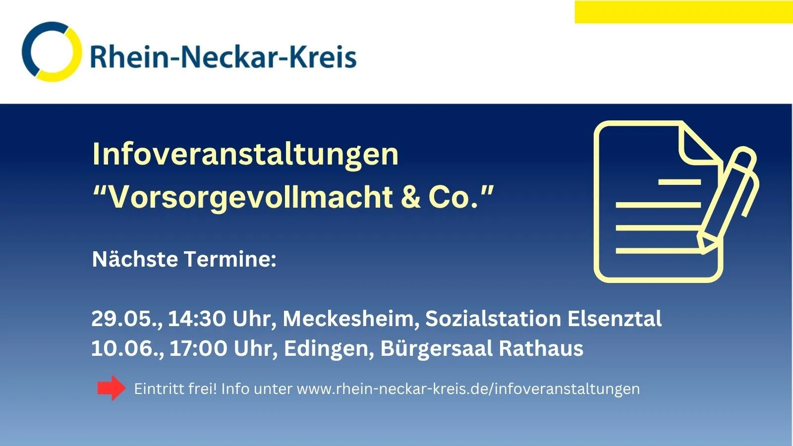 Infowerbung des Rhein-Neckar-Kreises für Veranstaltungen „Vorsorgevollmacht & Co.“ mit Terminen am 29.05. in Meckesheim und am 10.06. in Edingen, Eintritt frei, Info-Link unten. (KI-Alternativtext)