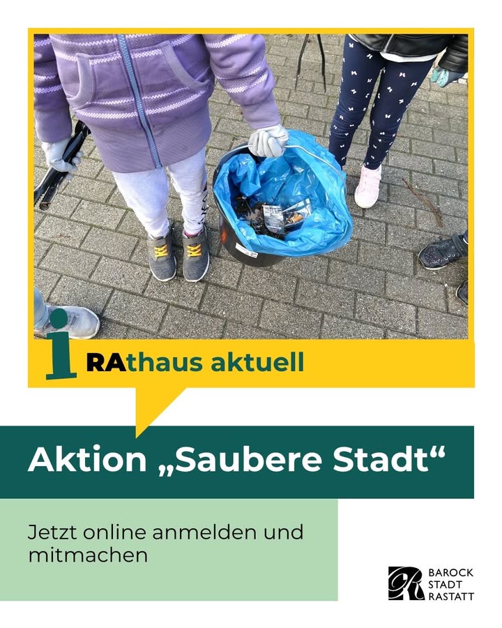 Dieser Alternativtext wurde KI-generiert: Ein Plakat kündigt eine städtische Reinigungsaktion an. Darauf sind Beine von Personen und ein gefüllter Müllsack zu sehen.