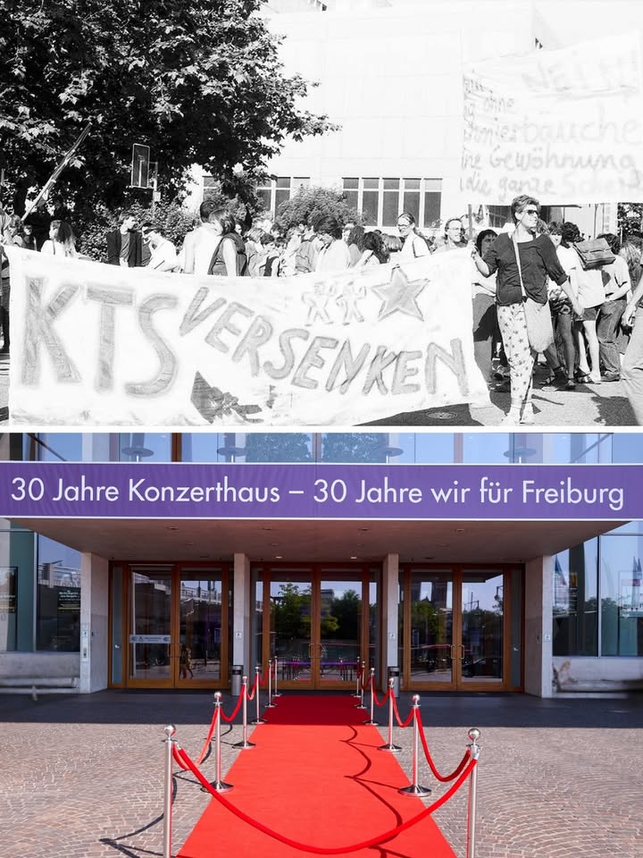 Oben eine Schwarz-Weiß-Aufnahme einer Menschenmenge, die ein Banner mit der Aufschrift "KTS VERSENKEN" hält. Unten ein Farbfoto des Eingangs eines Gebäudes mit rotem Teppich und einem lila Banner, das "30 Jahre Konzerthaus – 30 Jahre wir für Freiburg" besagt. (KI-Alternativtext)