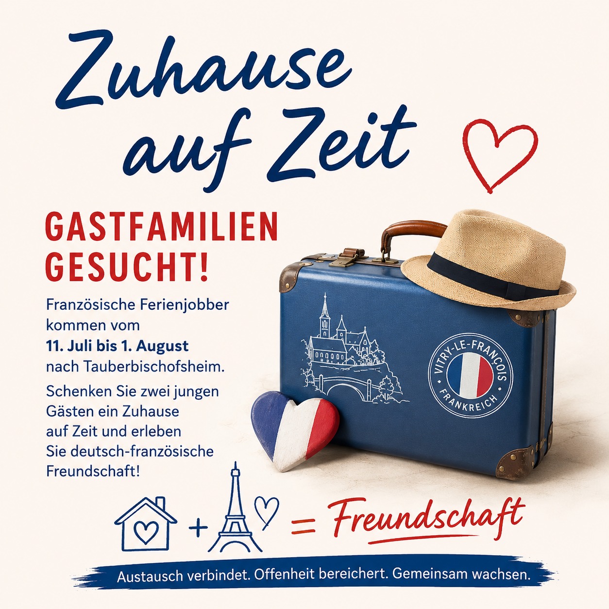 Dieser Alternativtext wurde KI-generiert: Ein Plakat mit farbenfrohem Design bewirbt eine Gastfamilie für einen französischen Ferienjobber. Gepäck und Symbole deuten auf einen Jugendaustausch und deutsch-französische Freundschaft hin.