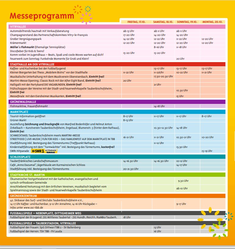 Dieser Alternativtext wurde KI-generiert: Schwarz-weißes Bild eines Veranstaltungsprogramms mit Zeitangaben und Veranstaltungsbeschreibungen in Tabellenform. Es listet verschiedene Aktivitäten auf, darunter Musik, Unterhaltung und Märkte.