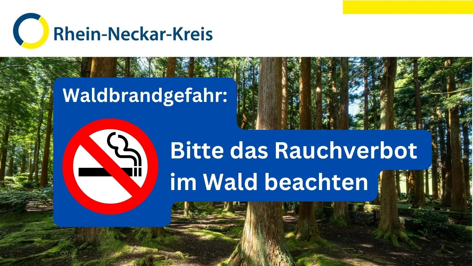 Logo des Rhein-Neckar-Kreises. Ein blaues Hinweisschild vor einem Waldbild zeigt ein Rauchverbotssymbol und den Text: Waldbrandgefahr: Bitte das Rauchverbot im Wald beachten. (KI-Alternativtext)