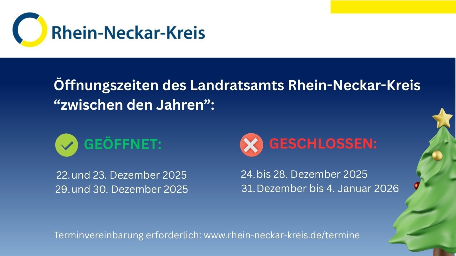 Dieser Alternativtext wurde KI-generiert: Ein Informationsgrafik zeigt die Öffnungszeiten einer Behörde zwischen den Feiertagen. Es werden geöffnete und geschlossene Tage sowie die Notwendigkeit einer Terminvereinbarung aufgeführt.