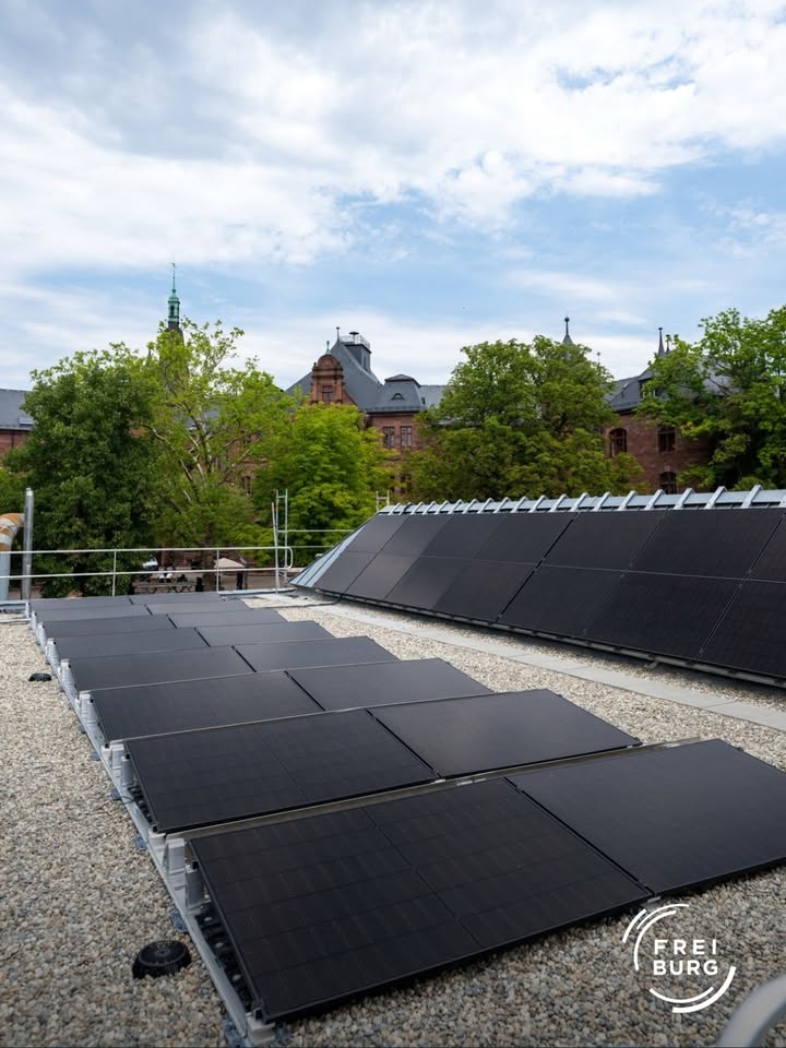 Auf einem Kiesdach sind mehrere schwarze Solarpaneele montiert, wobei eine Reihe flach und eine andere geneigt angebracht ist. Im Hintergrund erheben sich grüne Bäume vor einem historischen Backsteingebäude unter einem bewölkten Himmel. Unten rechts befindet sich das weiße Logo „FREI BURG“. (KI-Alternativtext)