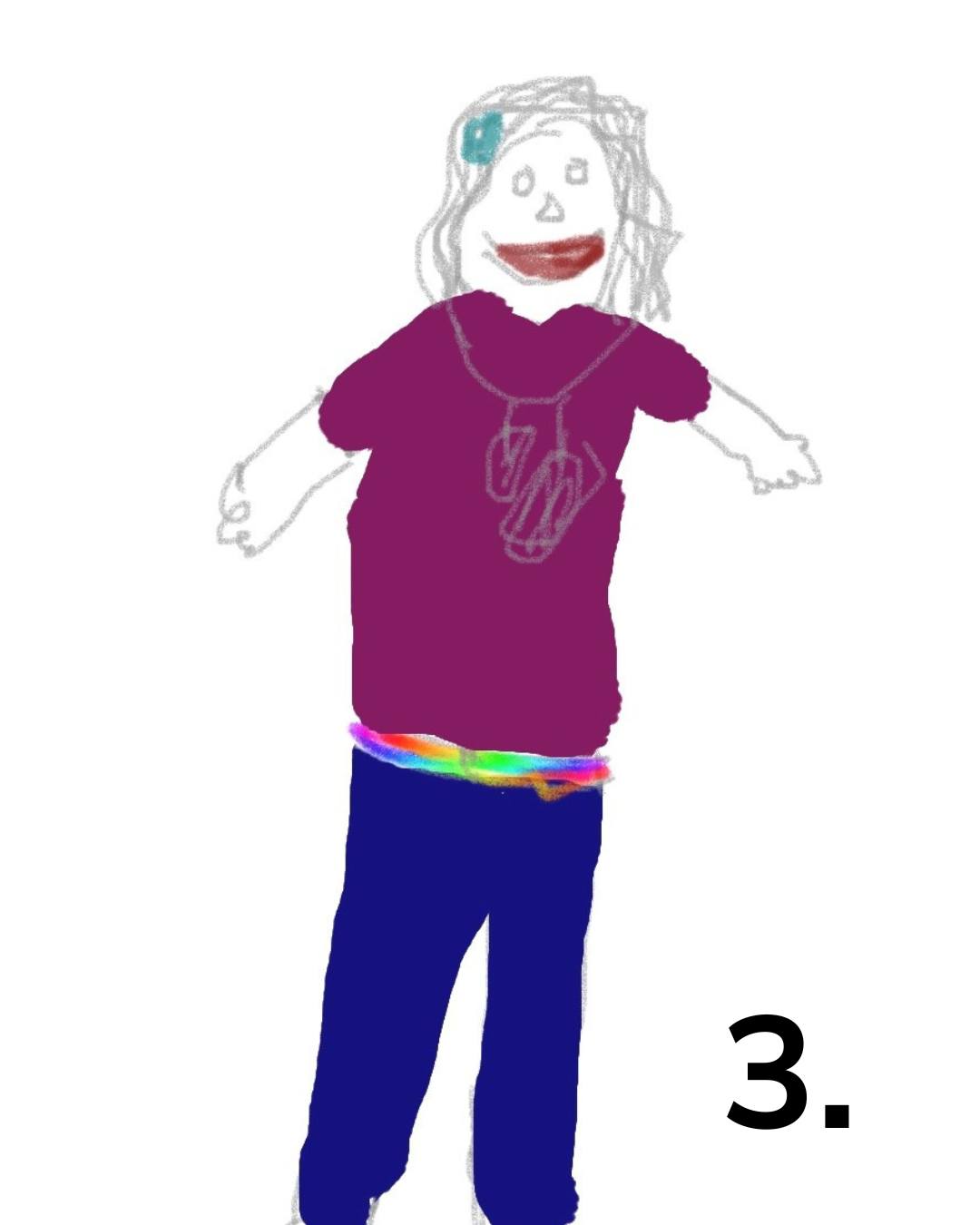 Dieser Alternativtext wurde KI-generiert: Eine digitale Zeichnung zeigt eine Figur mit lockeren, skizzenhaften Linien. Die Figur trägt ein T-Shirt, eine Hose und weist eine farbenfrohe Gestaltung auf.