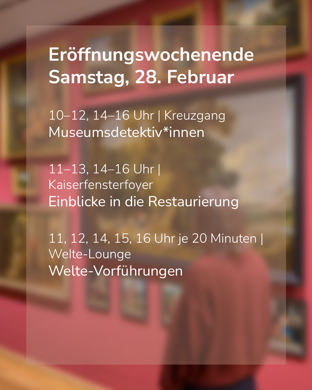 Dieser Alternativtext wurde KI-generiert: Ein farbiges Bild zeigt Informationen zu Veranstaltungen an einem Wochenende im Februar. Es sind verschiedene Zeiten und Orte sowie kurze Beschreibungen der Angebote aufgeführt.