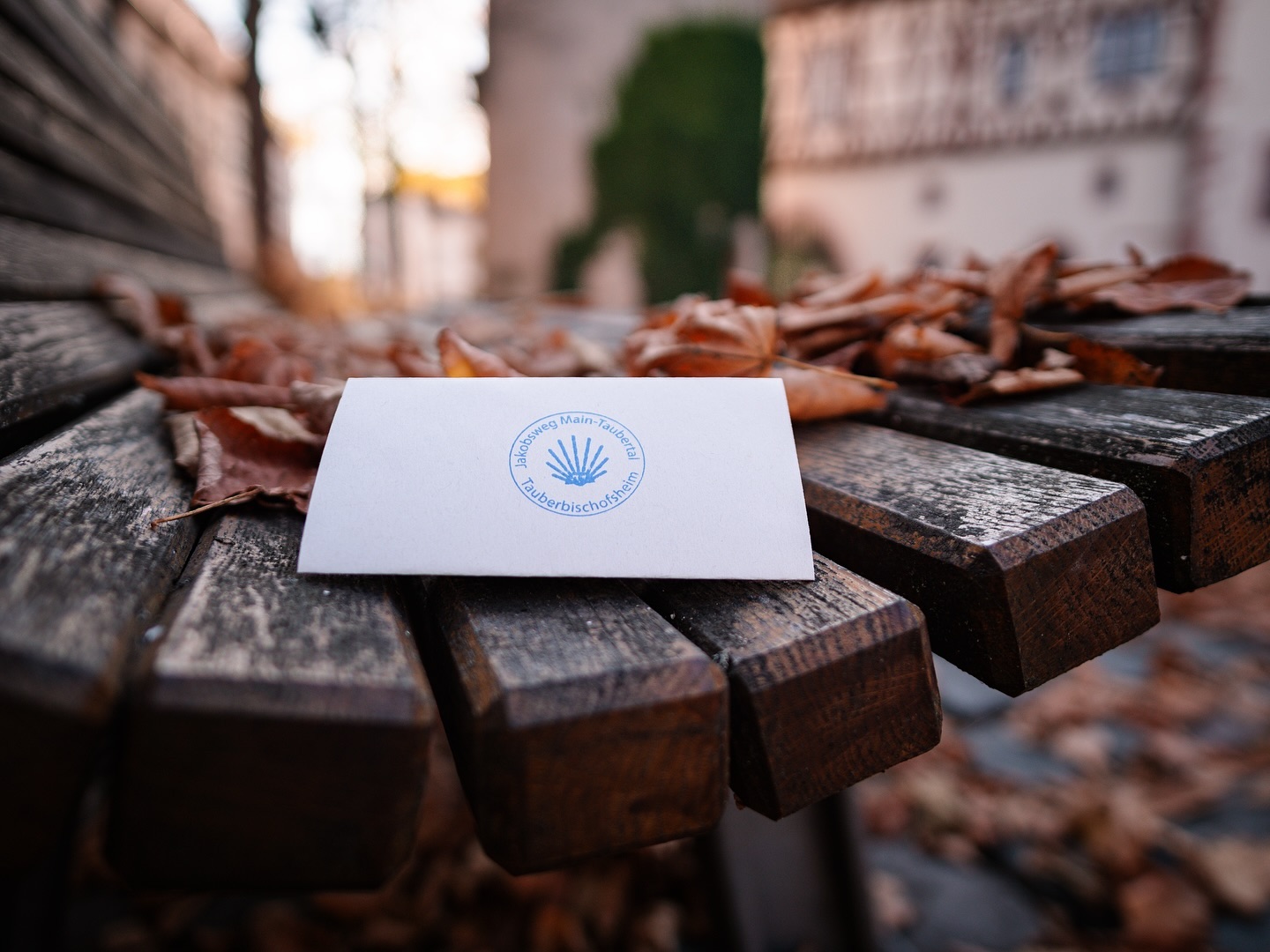 Ein kleines weißes Blatt Papier liegt auf einer Holzbank im Herbst. Darauf ist ein blaues Siegel abgebildet.