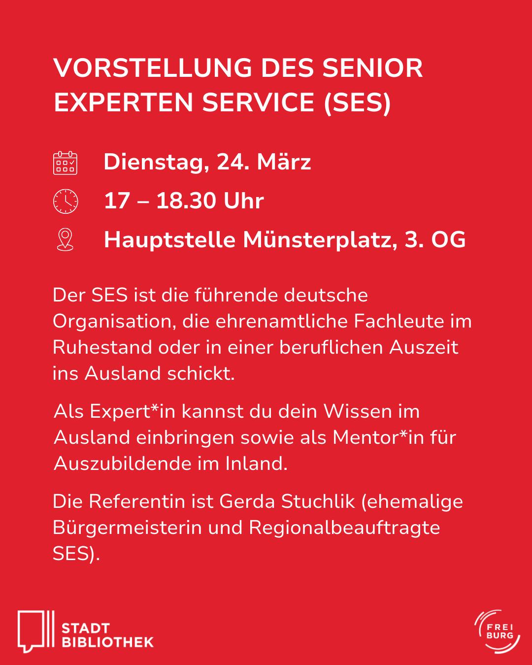 Dieser Alternativtext wurde KI-generiert: Ein Werbeplakat mit Informationen zu einer Veranstaltung des "Seniorexperten Service" (SES). Es enthält Datum, Uhrzeit und Ort des Angebots.