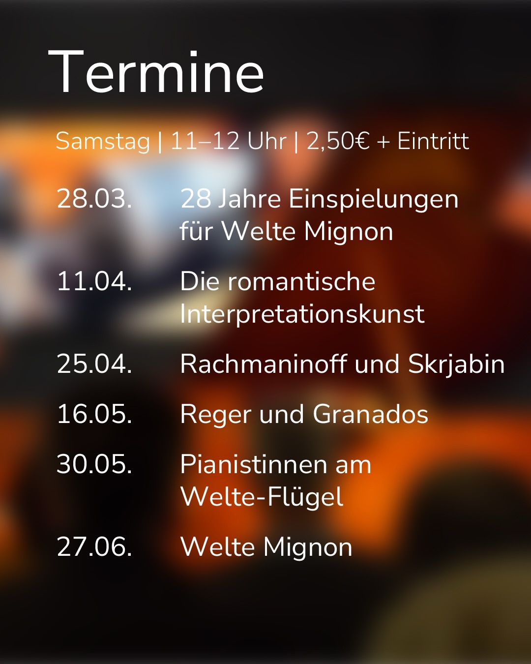 Dieser Alternativtext wurde KI-generiert: Ein Bild zeigt eine Liste von Terminen mit Datum, Uhrzeit und Preisangaben. Der Hintergrund ist unscharf und in warmen Farbtönen gehalten.