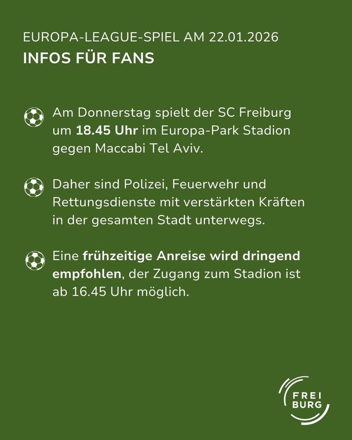 Dieser Alternativtext wurde KI-generiert: Ein grüner Hintergrund mit weißem Text informiert über ein Europa-League-Spiel und weist auf verstärkte Präsenz von Sicherheitskräften hin. Es wird eine frühzeitige Anreise zum Stadion empfohlen.
