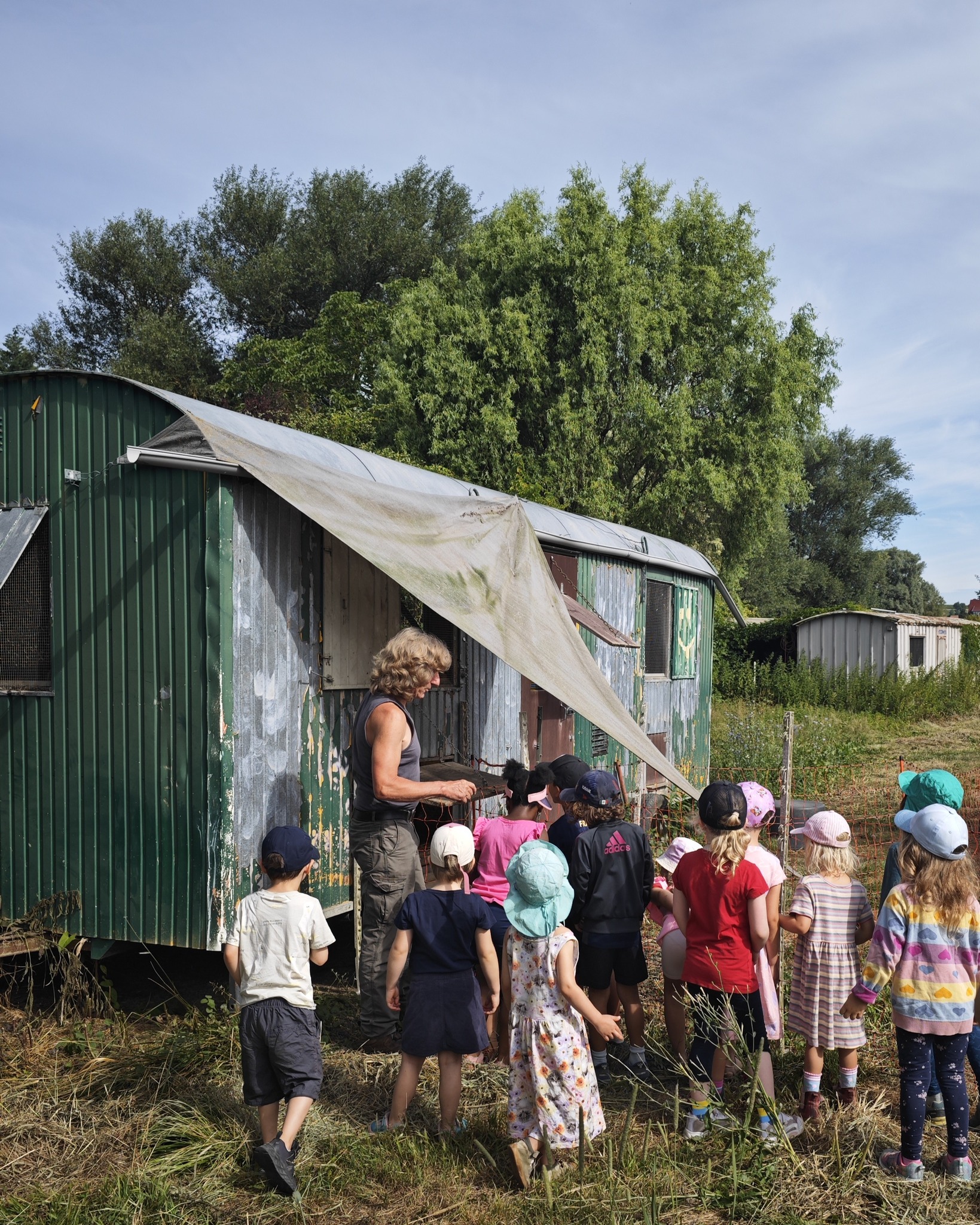 Eine erwachsene Person steht vor einem grünen, verwitterten Holzgebäude mit einer abgehängten Plane und zeigt einer Gruppe von Kindern etwas im Inneren. Die Kinder stehen im Gras und schauen aufmerksam zu, während im Hintergrund Bäume zu sehen sind. (KI-Alternativtext)