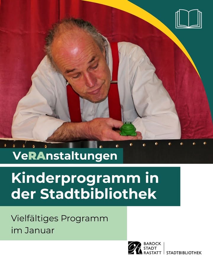 Dieser Alternativtext wurde KI-generiert: Ein Mann mit grauem Haar und einem Bart blickt nach unten auf eine kleine grüne Figur. Im unteren Teil des Bildes befindet sich Text, der auf ein Kinderprogramm in einer Stadtbibliothek hinweist.