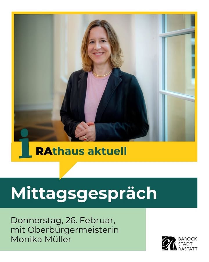 Dieser Alternativtext wurde KI-generiert: Ein Porträt einer Person mit einem dunklen Blazer vor einem hellen Hintergrund. Unterhalb des Porträts befinden sich Textelemente mit Informationen zu einem Mittagstreffen.