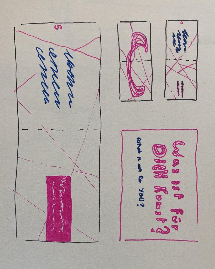 Dieser Alternativtext wurde KI-generiert: Schwarz-weißes Bild mit handgeschriebenen Notizen und Skizzen in pinker Farbe auf liniertem Papier. Mehrere Rechtecke enthalten Text und einfache Zeichnungen.