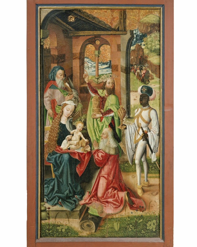 Dieser Alternativtext wurde KI-generiert: Ein Gemälde zeigt eine religiöse Szene mit mehreren Figuren in historischer Kleidung. Das Bild ist in gedämpften Farben gehalten und von einem roten Rahmen umgeben.