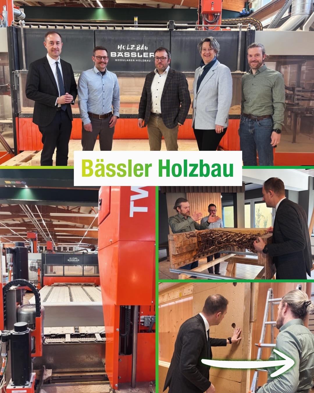 Dieser Alternativtext wurde KI-generiert: Eine Collage zeigt verschiedene Szenen, darunter Personen, die in einem hellen Raum vor einer Holzkonstruktion stehen. Weitere Bilder zeigen Maschinen und den Bau von Holzelementen.